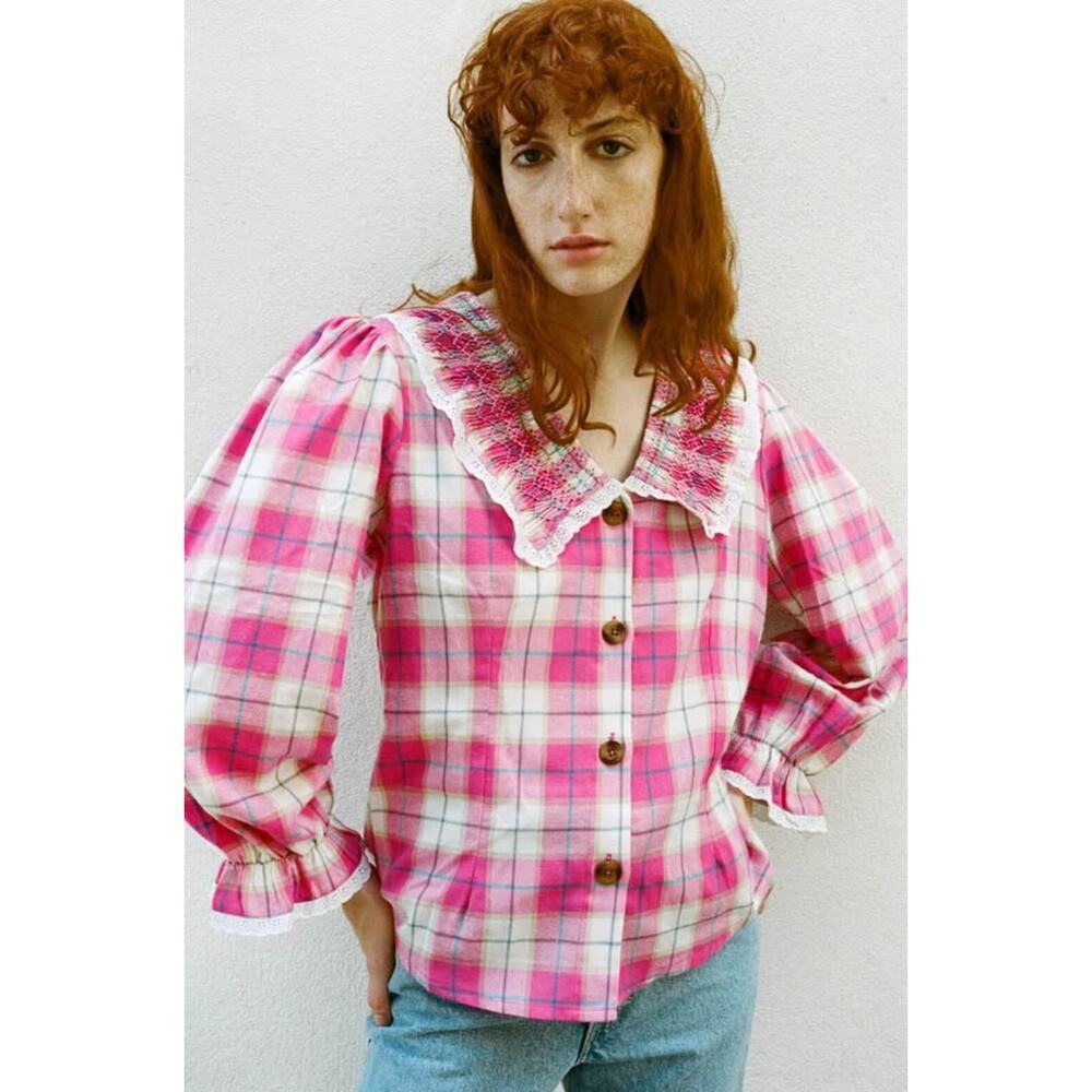 Tach Clothing XS Lila Smocked Embroidered Shirt Pink Tartan Check 100% Cotton